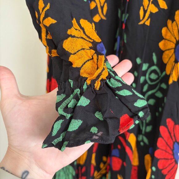 Farm Rio Georgette Long Sleeve Maxi Dress NWT Black Motif Women’s Size XS - Picture 6 of 12